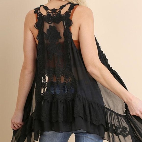 Umgee Black Lace Crochet Sheer Boho Vest S/M
